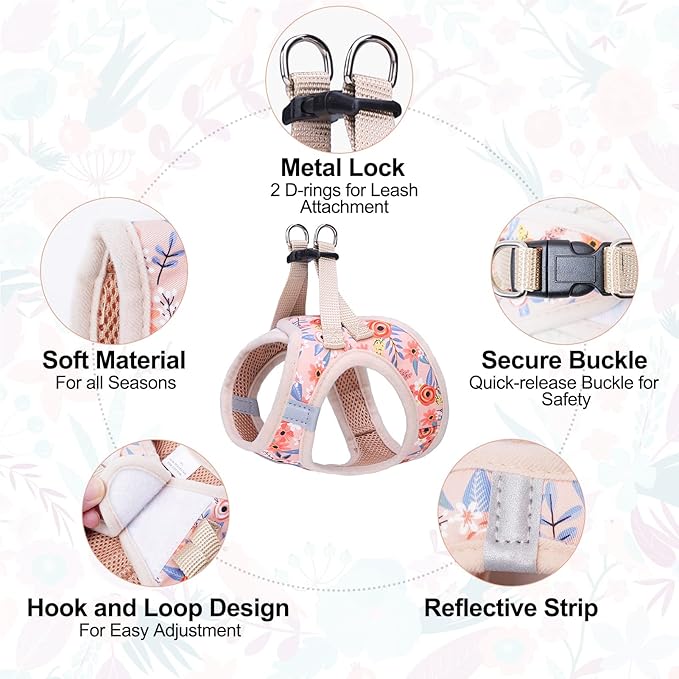 BEAUTYZOO Step in Dog Harness and Leash Set,Floral Pattern Reflective Dog Harness No Pull No Choke Puppy Harness for Small Medium Large Dogs Cats,Soft Padded Mesh Vest Harnesses for Girl and Boy Pets