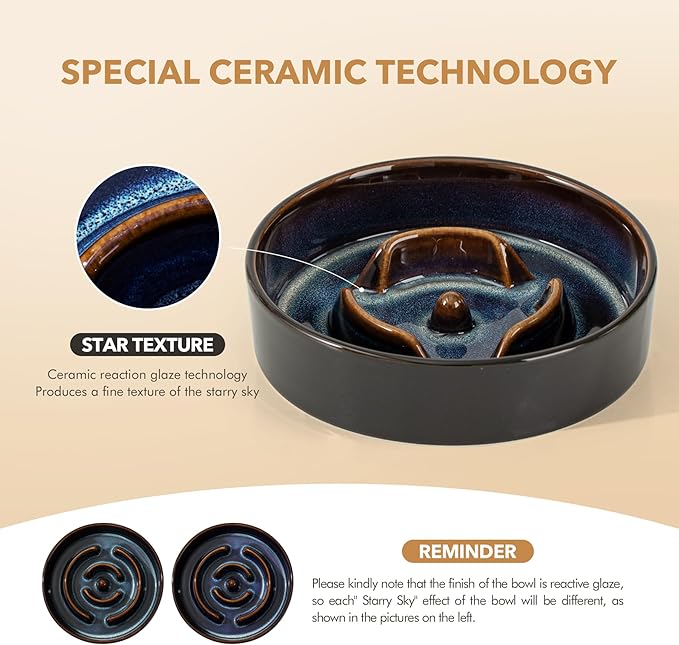 Ceramic 0.9 Cup Dog Bowl Slow Feeder for Small Dog and Cat, 6.1inch Pet Slow Dish, Stop Bloat, Preventing Choking(Single Bowl, Starry Sky)