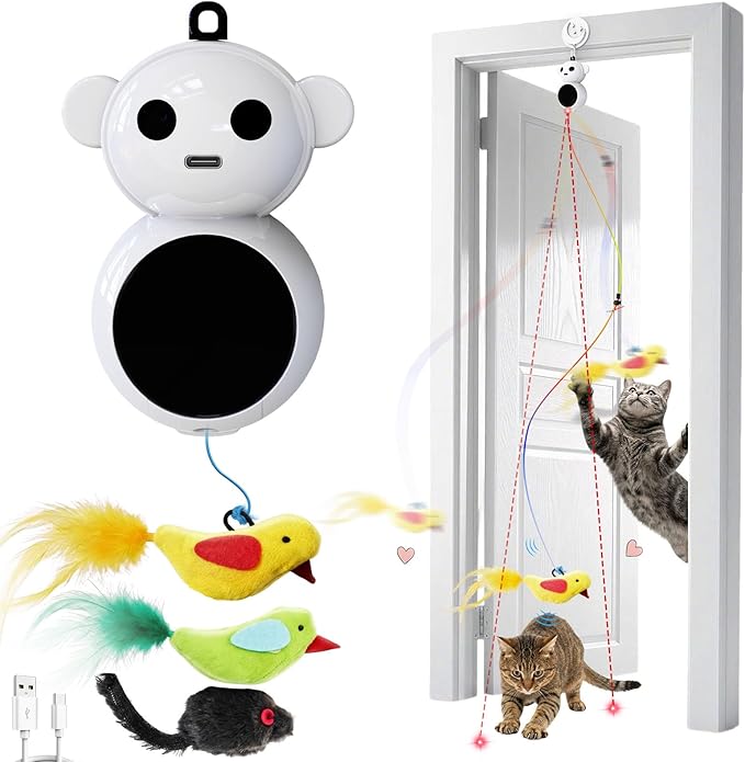 Interactive Cat Toys for Indoor Cats - 2 in 1 Automatic Laser Pointer Cat Toy with Feather Flying Bird，Smart Moving Mouse Wand Toy with 2 Modes, Auto On/Off Hanging Toys for Bored Kitten & Adult Cats
