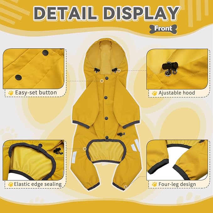Dog Raincoat, Waterproof Dog Rain Jacket with Hood, Rain Coat with Leash Hole, Reflective Strap for Small Medium Dogs, Lightweight Puppy Clothes(Yellow,XS)