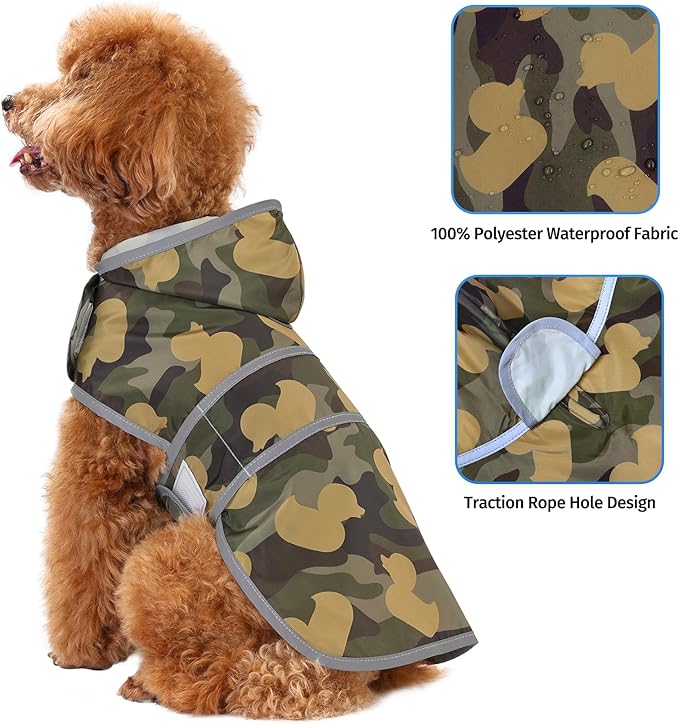 Dog Raincoats for Small Dogs Puppies Waterproof Hooded Rain Jacket with Reflective Strips Leash Hole & Poncho Adjustable Fit (CamoDuck,XS)