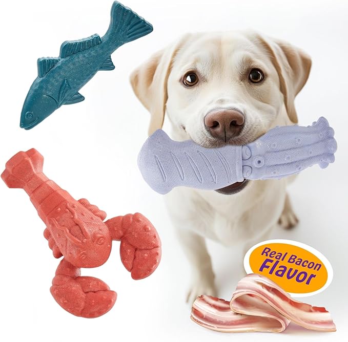 Dog Toys for Aggressive Chewers, 3 Pack Indestructible Dog Chew Toys, Super Chewer Toys with Tough Nylon Bacon Flavor for All Breed Sizes, Teeth Cleaning & Training, Boredom Relief