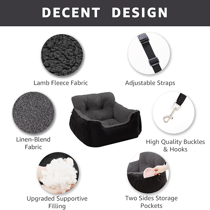 Dog Car Seat for Small Dogs,Washable Pet Booster Seats for Car with Clip-On Safty Leash, Reversible Puppy Carseat with Storage Pockets, Travel Carrier Bed for Dogs Under 25 lbs, Dark Grey