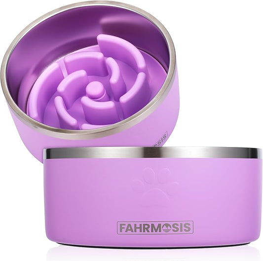 64 OZ Dog Bowl with Slow Feeder Insert Stainless Steel Pet Water Bowl for Medium & Large Breed Non Slip Rubber Base & Plastic Puzzle Feeder - Lavender