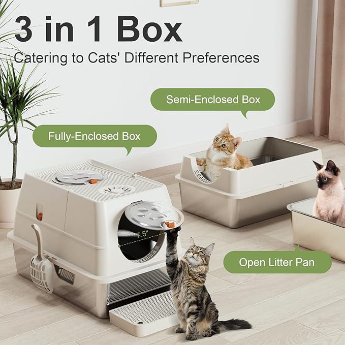 Stainless Steel Litter Box with Lid, XL Extra Large Litter Box, Enclosed Top Entry Metal Litterbox for Big Cats, Easy Cleaning, Less Leakage & High Sided with Mat, Aisle & Scoop, Beige