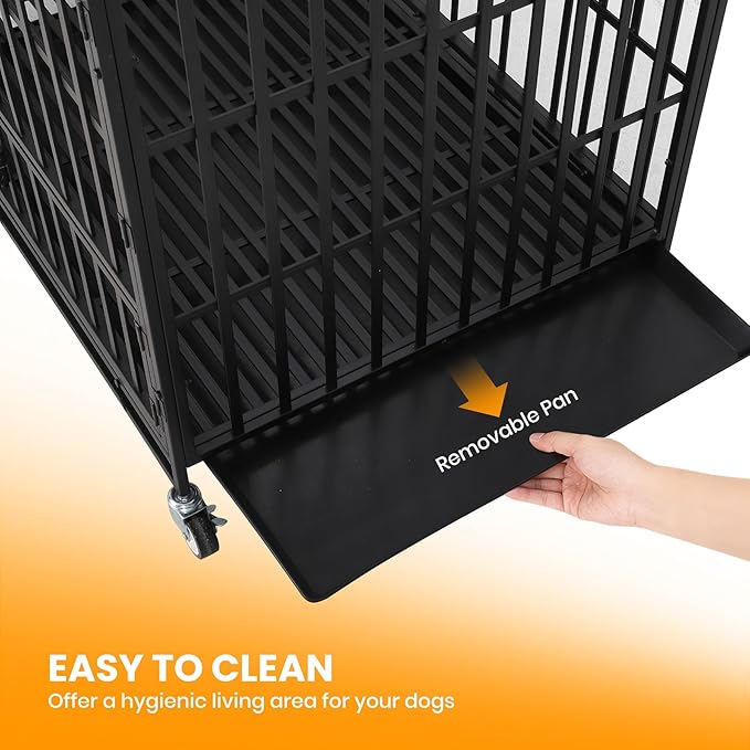 Garvee 49 Inch Heavy Duty Dog Crate, Metal Escape Proof Dog Kennel Indoor with 3 Doors, Removable Tray, Extra Large Dog Cage with Wheels for Large and Medium Dogs, Black