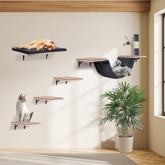 Cat Wall Shelves, Solid Wood Cat Wall Furniture Set, with Cats Bed, Hammock, Felt Ladder, Sisal Scratching Post & Ball (Dark Color)