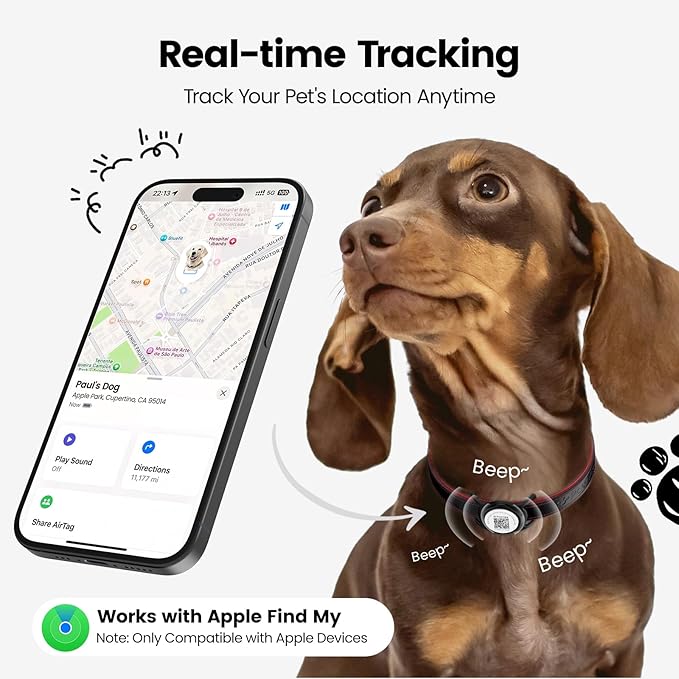 Smart Pet Tracker for Collar - Dog Trackers Location for Pet with Holder, No Monthly Fee, Real-Time Tracking, iOS Only, Emergency Contact, Long-Lasting, Anti-Lost Tracker for Cats, Bag Straps, Black