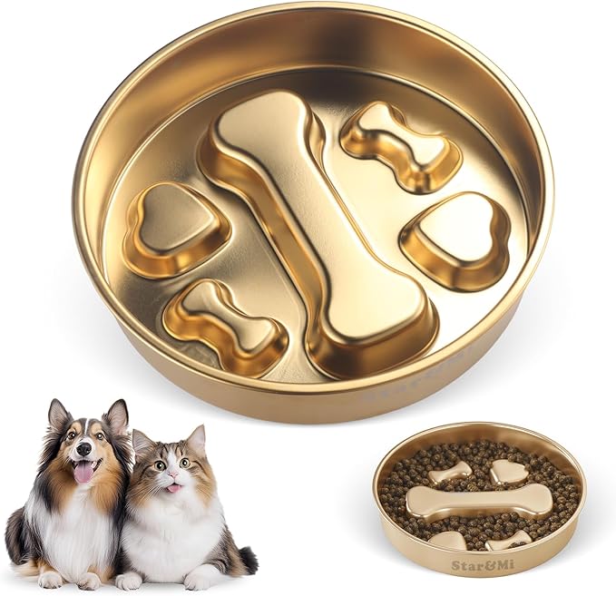 Golden Stainless Steel Slow Feeder Dog Bowls – Non-Slip Metal Dog Bowl for Large & Medium Breeds, Puppy Puzzle Feeder – 2 Cup Capacity for Small to Big Pets – Durable Slow Feed Dog & Cat Food Dish