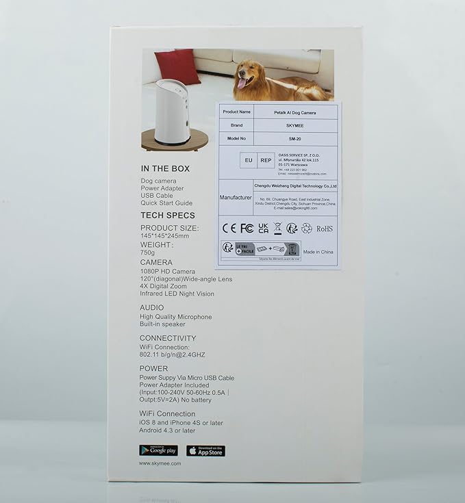 Dog Camera Treat Dispenser,WiFi Full HD Pet Camera with Two-Way Audio and Night Vision,Compatible with Alexa (2.4G WiFi ONLY) (Petalk AI)