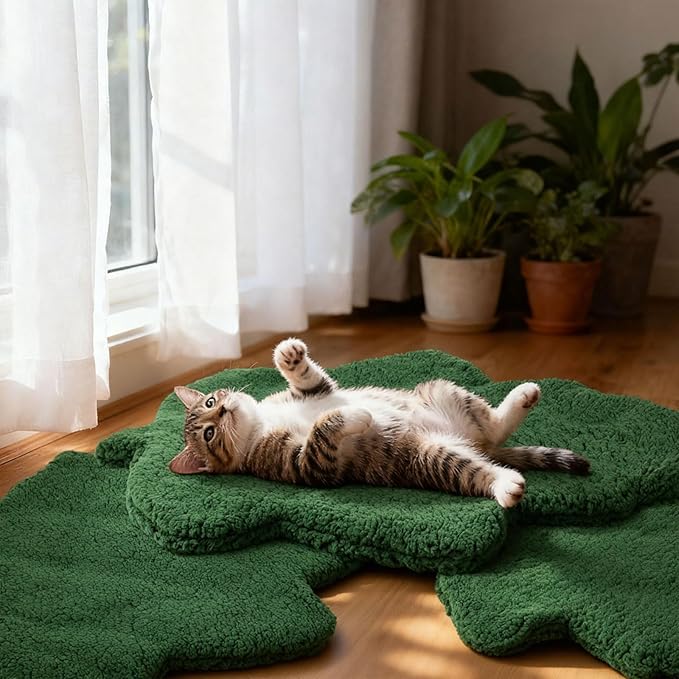 3 Pack Self Warming Cat Dog Bed Leaf Shape Self Heating Pet Mat Non Electric Washable Thermal Sleeping Pad Plush Heated Pet Mat for Crate Floor Indoor Outdoor(Dark Green,Large-19 x29)