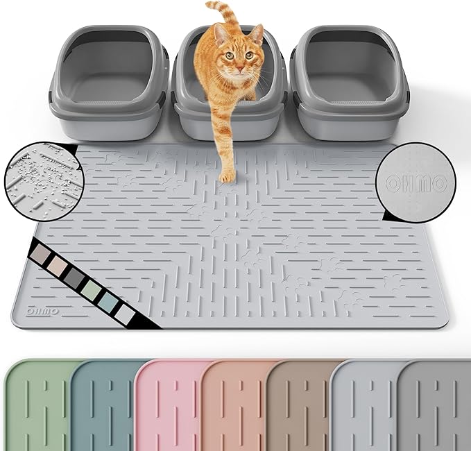 OHMO Cat Litter Mat XXL Trapping Mat Premium Silicone Rubber 37.5x25.2 Ash Grey, Waterproof and BPA Free Kitty Litter Box Mat, Easy to Clean and Keeps The Floor Tidy