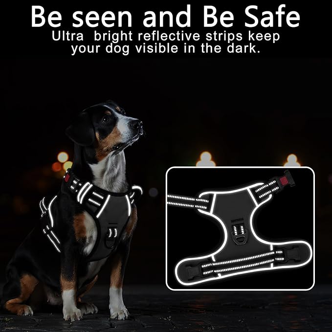 Timos Dog Harness Large Sized, No Pull with Neck Lockable Snap,No Choke Front Clip Dog Reflective Harness,Adjustable Metal Rings 3 Buckles,Easy Control Handle for Large Dogs Gray L