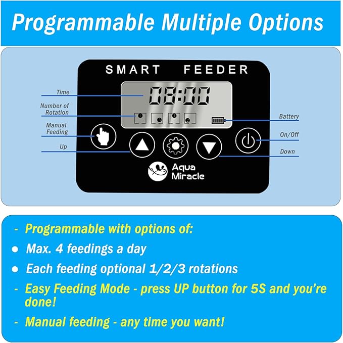 AquaMiracle Programmable Automatic Fish Feeder for Aquarium, Auto Fish Food Dispenser with Timer, Volume Adjustable Vacation Aquarium Feeder with Digital Display, for Granules Pallets Strips