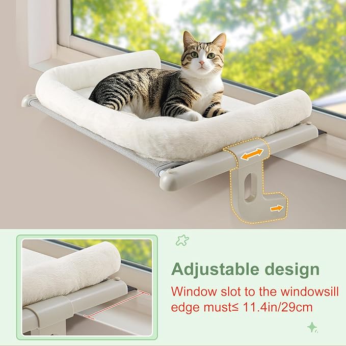 Sunhoo Cat Window Perch Hammock Sturdy Windowsill Bed Seat for Large Cats No Drilling No Suction Adjustable Kitty Shelf with Washable Cover Easy Assembly Holds up to 40 lbs 22.05 * 15 in (White, S)