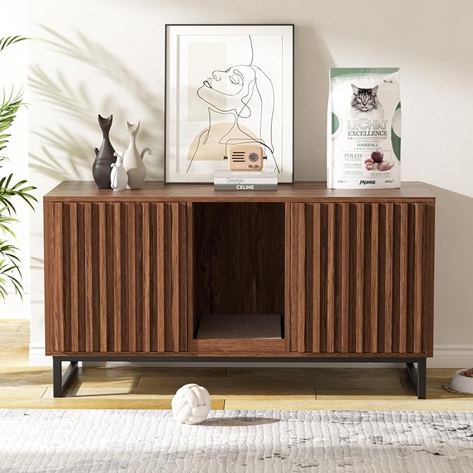 Double Litter Box Enclosure,Modern Cat Litter Box Enclosure for 2 Cats, Hidden Litter Box with Cat Scratch Pad, Cat Washroom Cat House End Table, Entryway Bench for Livingroom (Brown)