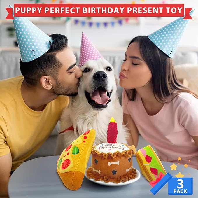 Birthday Dog Toys Crinkle Dog Toy Squeak Cake Toy Aggressive chew Toys for Puppy Sandwiches Pizza Party Dog Toy Interactive Birthday Toy with 3 Pack for Dog Birthday