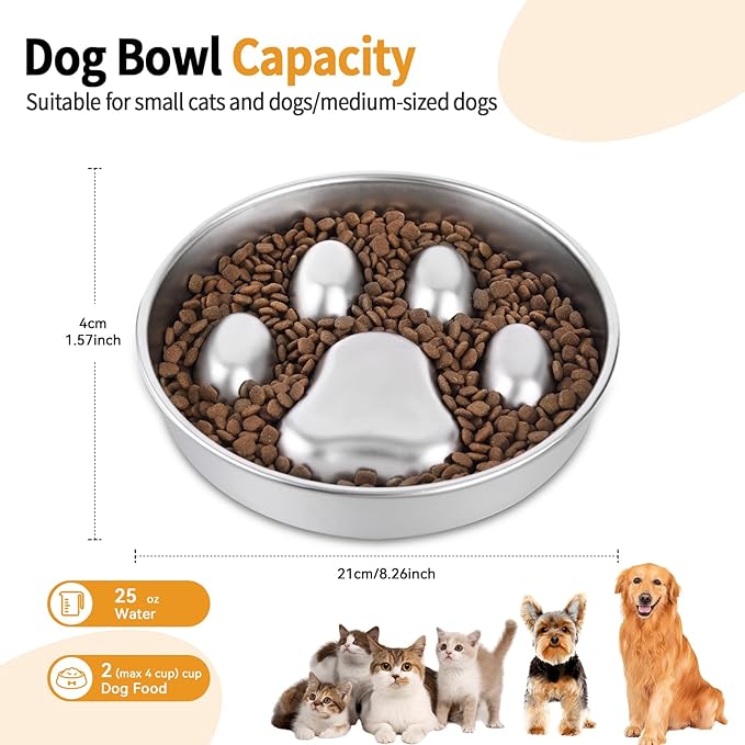 Slow Feeder Dog Bowl - 2-in-1 Stainless Steel Pet Bowl (8.27"x1.57", 33.8oz) with Non-Slip Base - Reversible Paw Design for Small/Medium/Large Dogs - Helps Slow Fast Eating for Dry & Wet Food