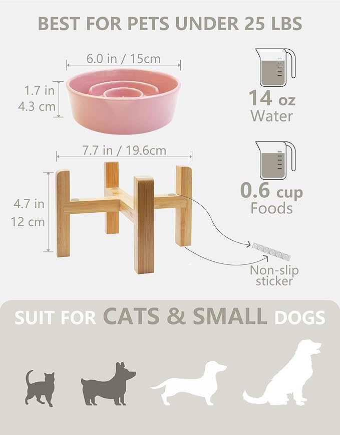 Ceramic Slow Feeder Dog Bowls Elevated, 0.6 Cup Slow Feeder for Small Dogs and Cats, Puzzle Maze Bowl, Prevents Choking, 6in, Pink