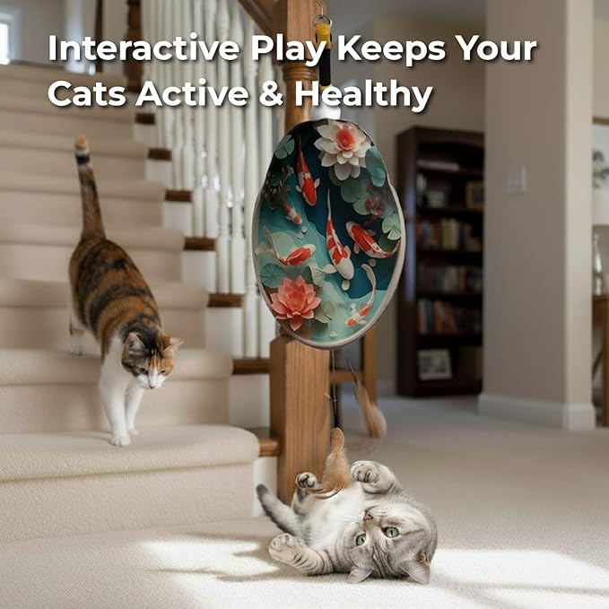 Interactive Cat Toys for Indoor Cats, Automatic Concealed Hide and Seek Hanging Feather Cat Toy, Rechargeable Motion-Activated Enrichment Toys for Bored Adult Cats (Fish Pond Pattern