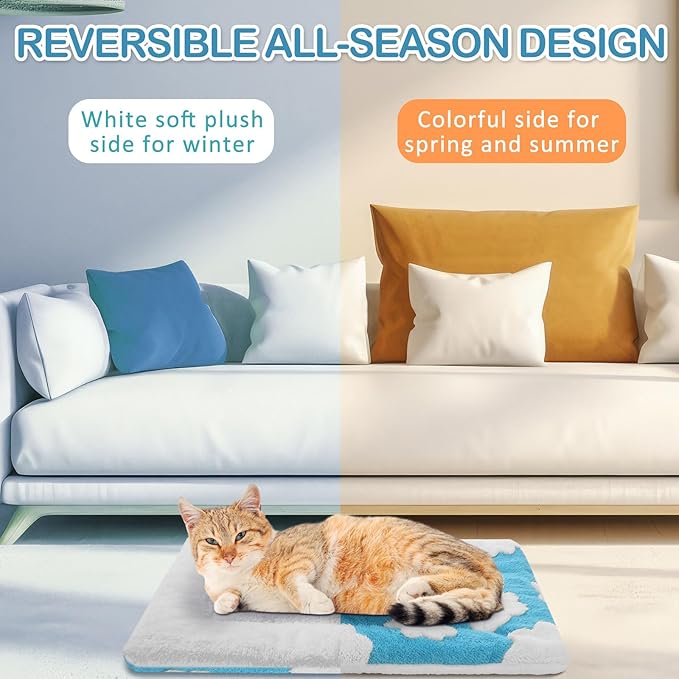 VitalCozy 2 Pack Self Warming Cat Mat Self Heating Pad Bed Reversible Machine Washable Reflects Body Heat Warm Thermal Pet Pad Crate Blanket for Feral and Indoor Cat (Blue, White,21" X 14",Clouds)