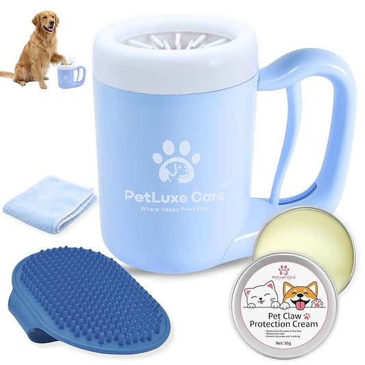 Dog Paw Washer Kit - Includes Paw Cleaner Cup, Towel, Pet Bath Brush & Moisturizing Balm - Dog Foot Washer for Muddy Paws, ideal for Small & Medium Dogs (Blue, Medium)