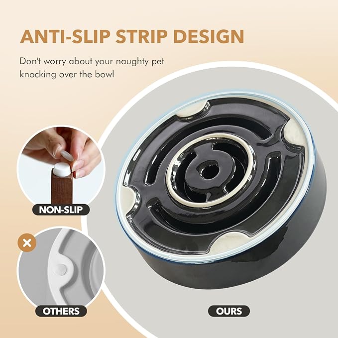 Ceramic 1.2 Cup Raised Slow Feeder Dog Bowl Set, Elevated 6.1inch Bowl and 7.3inch Dish with Acacia Wood Stand for Small and Medium Dog(2 x Starry Sky+ Stand)