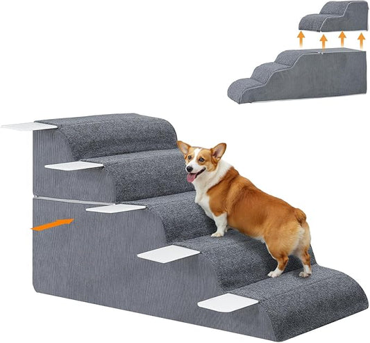 5-Steps Dog Stairs for High Bed and Couch 21.3" H, Wider Pet Stairs for Small Old Large Cats, 30° Steady Non-Slip Dog Steps Ramp with Removable Cover, PE Boards