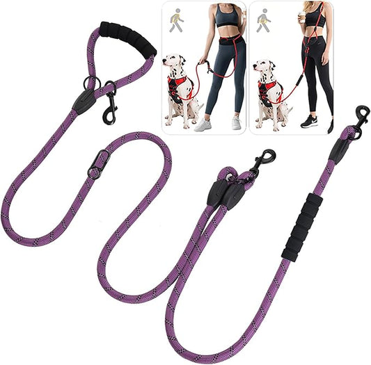Cymiler Hands Free Dog Leash, 8 Ft Reflective Cross-Body Pet Rope Leashes with Sponge Handle, Heavy Duty Nylon, for Running, Hiking, Training, Waist Leash for Small Medium Large Dogs (Purple)