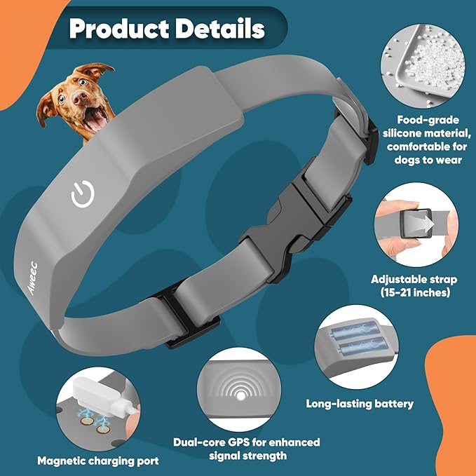 GPS Electric Dog Fence with Free App, Wireless Fence System with Training Collar, Portable Fence for Outdoor Use, Rechargeable Waterproof Flexiable Collar, Adjustable of Dogs (Gray)