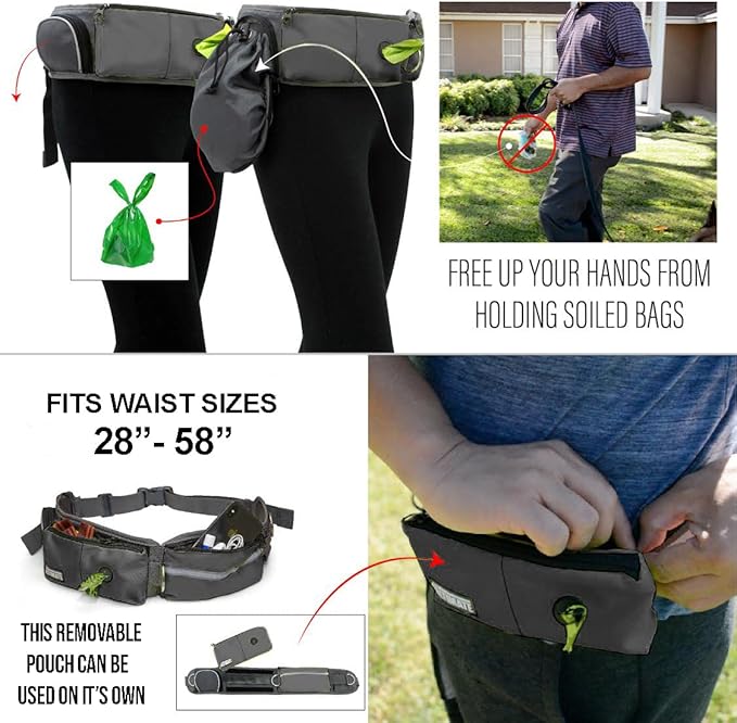 TAKSIN The Ultimate Hands Free Two Dogs Double Leash System for Walking Running Hiking Training, Reflective Bungee Leash, Treat Holder, Poop Bag Dispenser for Small Medium Large Dogs (Grey Pack)