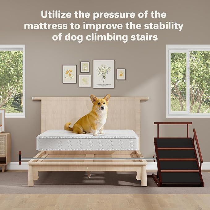 Walnut Wooden Dog Ramp for Bed Folding Pet Ramp for Dogs,Including Non Slip Mat & Safety Side Rails Adjustable Dog Bed ramp from to Up to 132 lbs