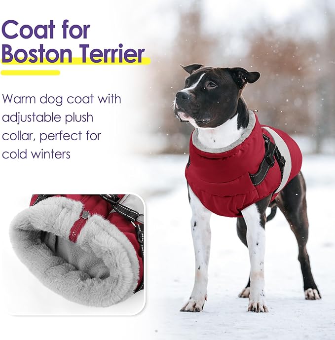 SUNFURA Dog Coat, XXL Dog Jacket Winter with Harness Built in, Waterproof Pet Snow Jacket with Furry Collar for Chilly Day, Reflective Fleece Snowsuit for Extra Large Dogs, Burgundy 2XL