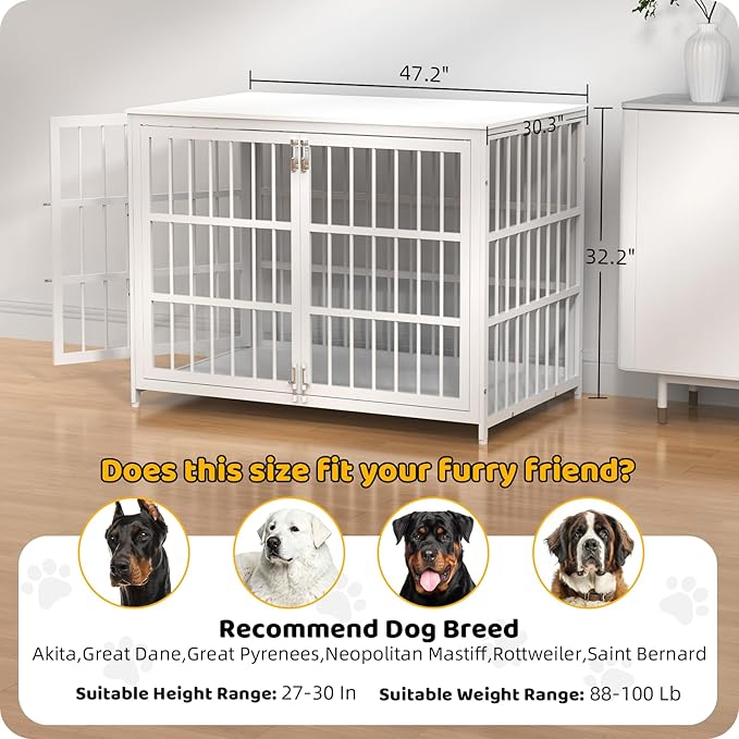 Heave Duty Dog Crate Furniture, Various Sizes & Colors Optional, Indestructible Cage for High Anxiety Dogs with Wooden Table for Indoor Decorative, Escape-Proof Locks & Double Door for Large XXL Dogs