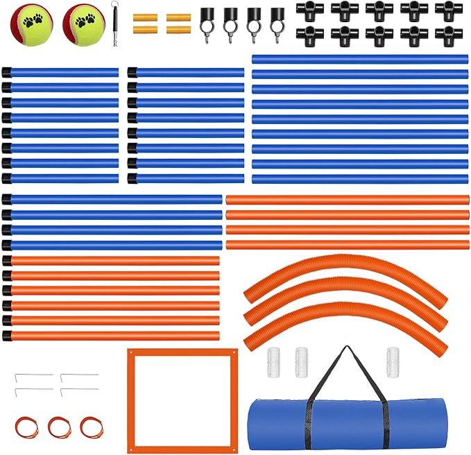 Dog Agility Training Equipment, 72-Piece Obstacle Course Training Starter Kit Indoor Outdoor Game for Dogs with Agility Hurdle, Jump Ring, Weave Poles, Pause Box, Toy Balls and Storage Bag