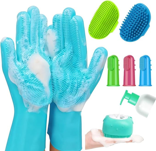 Dog Bathing Supplies – 8PCS Pet Shower & Grooming Kit for Dogs & Cats|Shampoo Dispenser with soft Silicone Bathing Gloves,Scrubber Brush & Finger Toothbrush|Dog Bath Brush for Short & Long Hair
