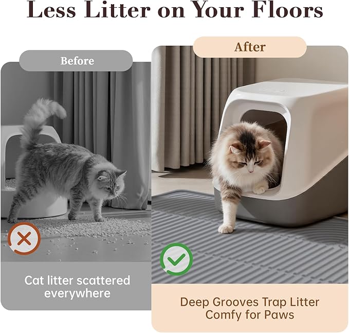 Mora Pets Cat Litter Mat, Extra Large 40" X 28" Silicone Litter Box Mats, Waterproof, Non-Slip, Scatter Control, Easy to Clean, Soft on Kitty Paws, XL, Grey