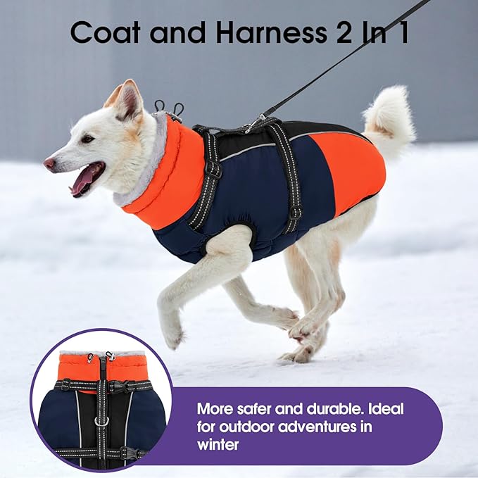 SUNFURA Large Dog Coat with Harness Built in, Warm Dog Jacket Waterproof Pet Winter Coat Snowsuit for Cold Weather, Reflective Fleece Jacket for Large Dogs, Border Collie, Blue XL