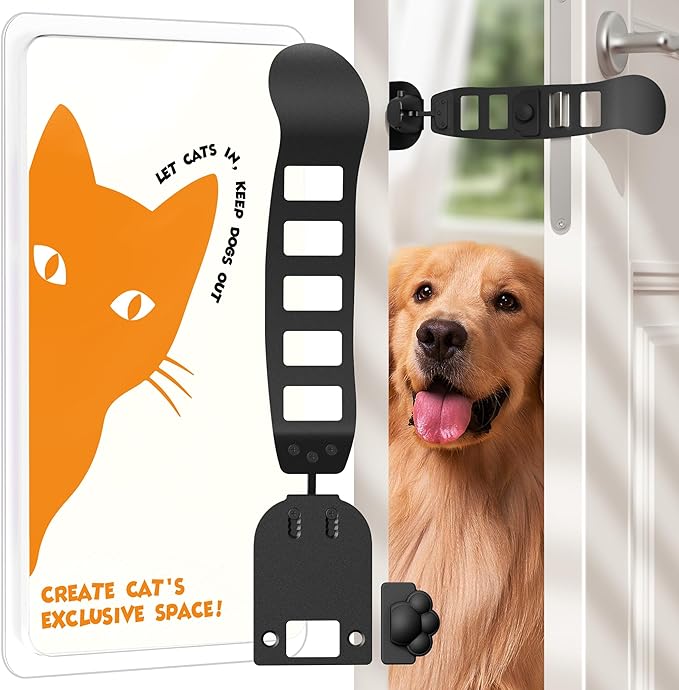 Metal Cat Door Latch, Door Prop for Cats, Easy Install, Durable & Foldable, 【5 Adjustable Sizes】 Keep Interior Door Cracked Open for cat - Dog Proof Cats Feeding Station, No Wall Damage