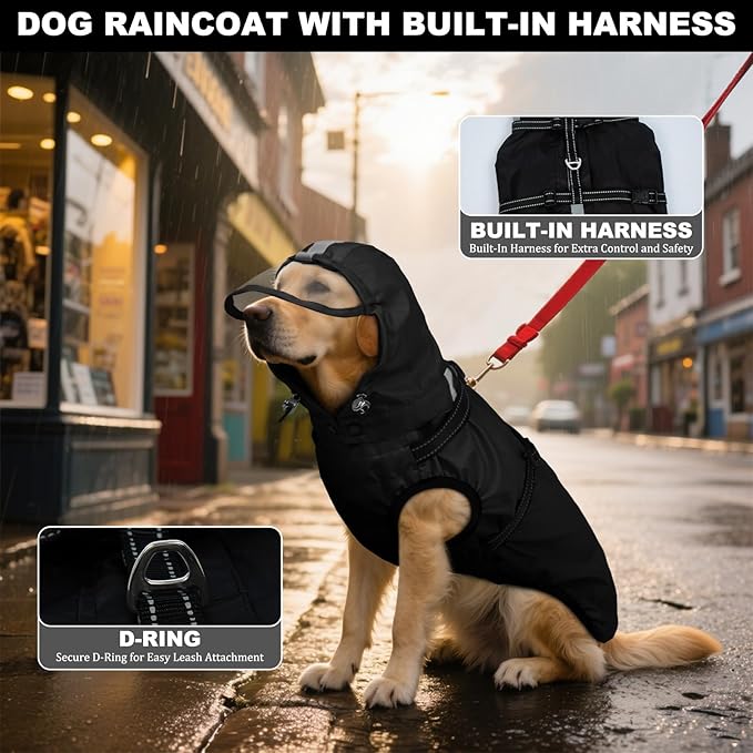 Dog Raincoats for Large Dogs, Waterproof Dog Rain Coat with Adjustable Built-in Harness & Back Zipper, Reflective Strip, Removable Hood, for Rainy Walks, Muddy Roads - Black L