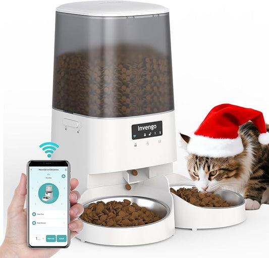 Automatic Cat Feeder with App Control, 5L Food Dispenser for 2 Cats, 2.4/5G WiFi, Dual Power, Programmable Portions, Anti-Jam & Fresh-Lock, Stainless Steel Bowls, Easy to Clean