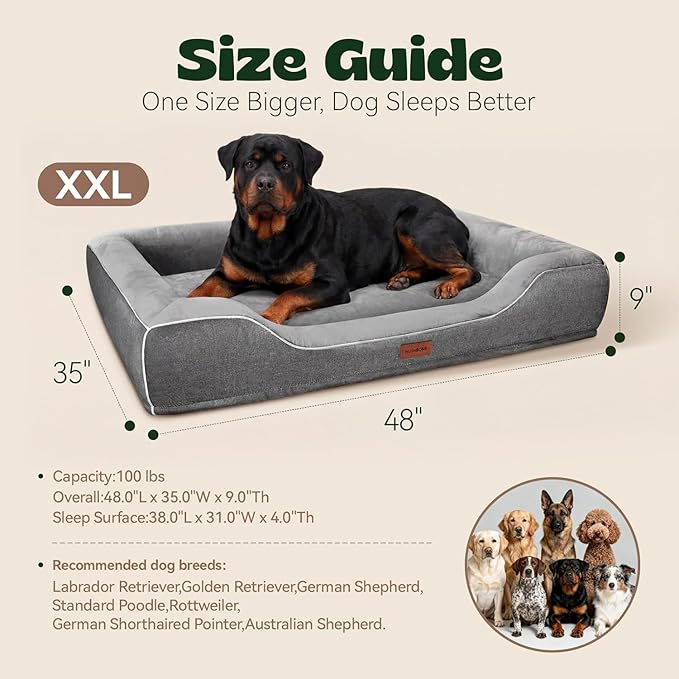 Cooling Dog Beds for Extra Large Dogs with Removable Washable Covers,Orthopedic Sofa Bed with Cool Gel Memory Foam and Egg Crate Foam Waterproof Relieves Joint Pain,48"x30"x9.0" Dark Grey