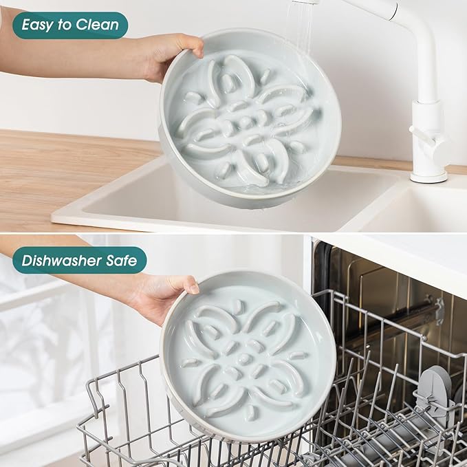 vancasso Ceramic Slow Feeder Dog Bowls, Puzzle Dog Food Bowls with Floral Maze, Anti -Slip Pet Food Dish for Large Breed, 3 Cups, Grayish Cyan