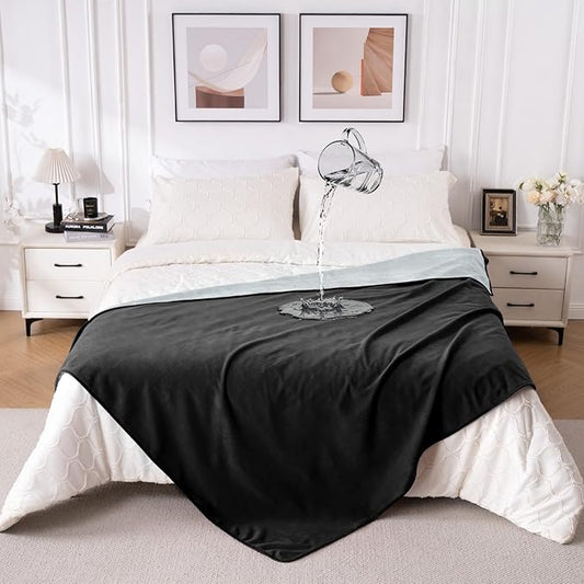 QiyI Waterproof Blanket for Bed Queen Size, Reversible Washable Pet-Friendly Flannel Throw Blanket, Leakproof Stain-Resistant Furniture Protector for Travel & Camping, 60"x80", Black/Light Grey