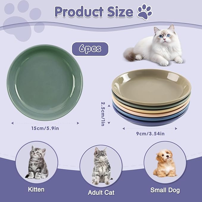 6 Pack Ceramic Cat Bowls, Cat Food Bowl, Anti Whisker Fatigue Cats Bowl Set, 6 Inches Shallow Wide Kitten Plates for Food and Water(Dark Color Set,6-Piece)