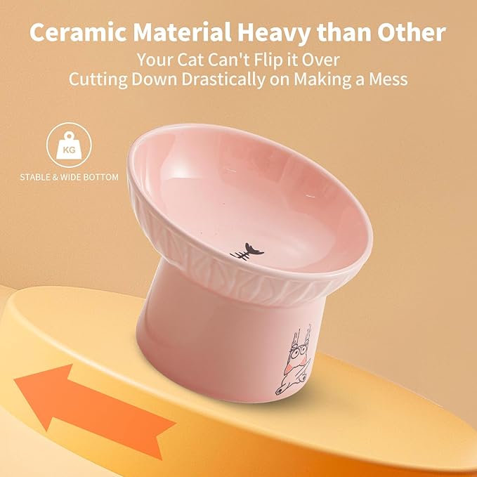 OMAYKEY 6.5 Inch Extra Wide Ceramic Raised Cat Bowls, Porcelain Tilted Elevated Cat Food Water Bowl Dish, Stress Free Pet Feeder Dishes for Cats & Small Dogs, Whisker Fatigue, White & Pink