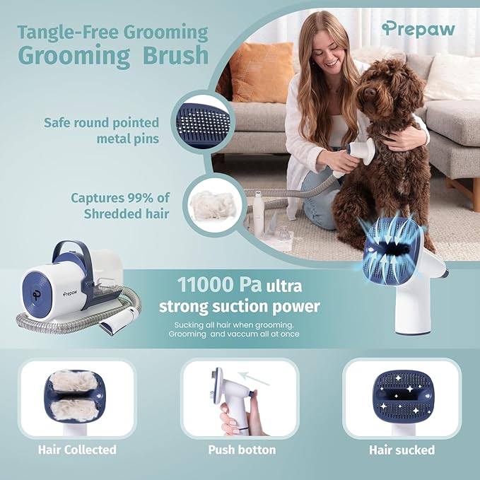 Premium Pet Grooming Kit with Vacuum, 11000Pa Suction Power, 2.5L Dust Cup, 7 Grooming Tools, Cordless Paw Trimmer, Nail Grinder, Large Capacity Dust Cup, Whisper Operation, USA Design