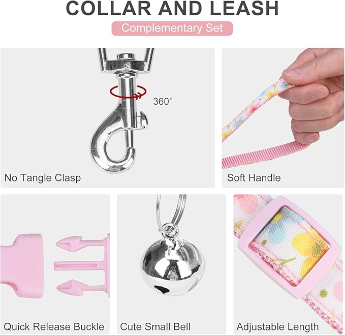 EXPAWLORER Small Dog Harness and Leash Set - Cute Puppy Harness Leash Dog Collar with AirTag Holder Silicone Case, Soft Padded Step in Pet Vest Reflective for Outdoor Walking, Floral M