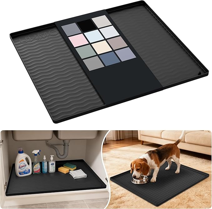 URMONA Waterproof Silicone Under Sink Mat 25'' x 22'' Shelf Liner for Kitchen and Bathroom, Cabinet and Counter Protector, Storage and Organizers, Litter Mat, Pet Cat Puppy Essentials(Black)