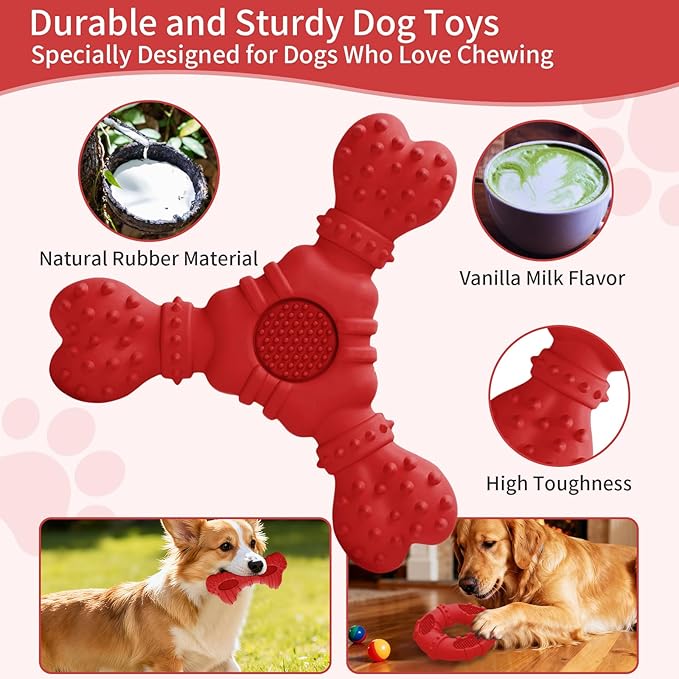 Dog Chew Toys for Aggressive Chewers, 4 Pack Natural Rubber Dog Toys,Teething Toys for Puppies, Soft Durable Interactive Chew Toy for Puppy Teeth Cleaning and Gum Massage (Red)